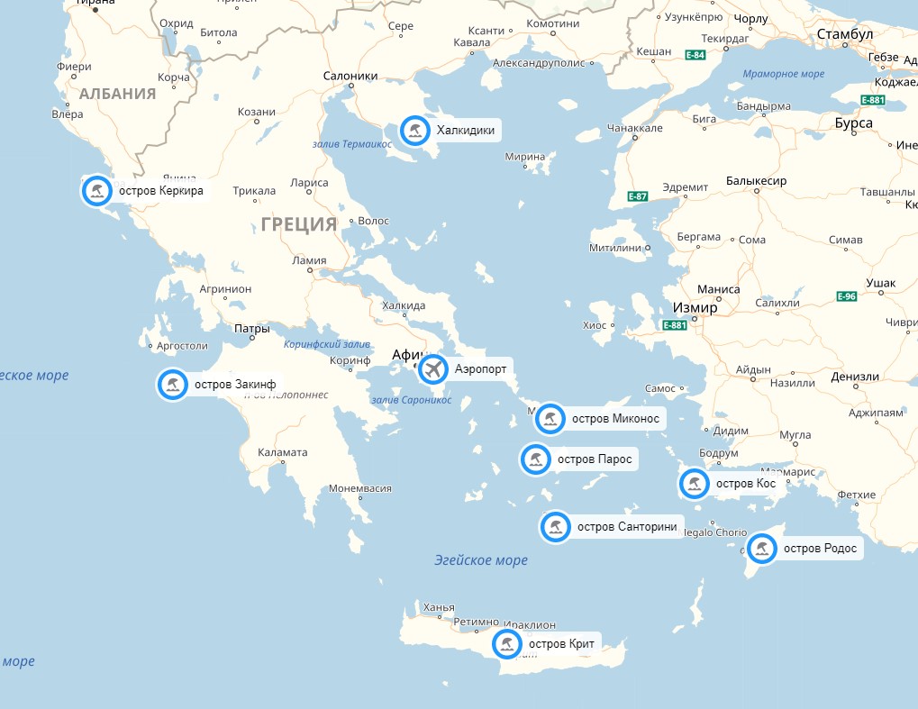 Статическая карта курортов Греции для мобильных телефонов